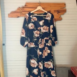 NWOT Long Navy Floral Maxi Button Down Dress
